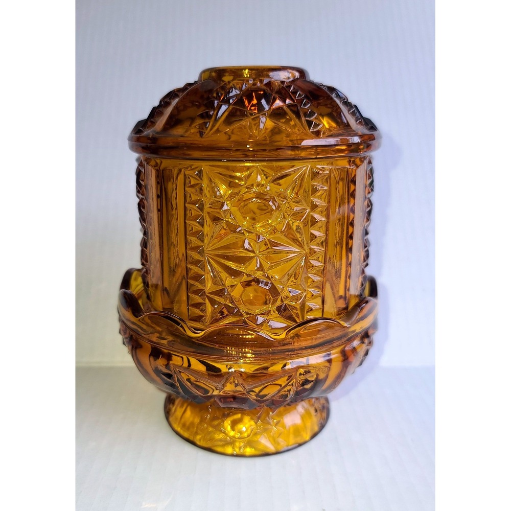 Indiana Glass Amber Fairy Lamp Star and Bars Pattern Vintage Candle Holder 6.5"